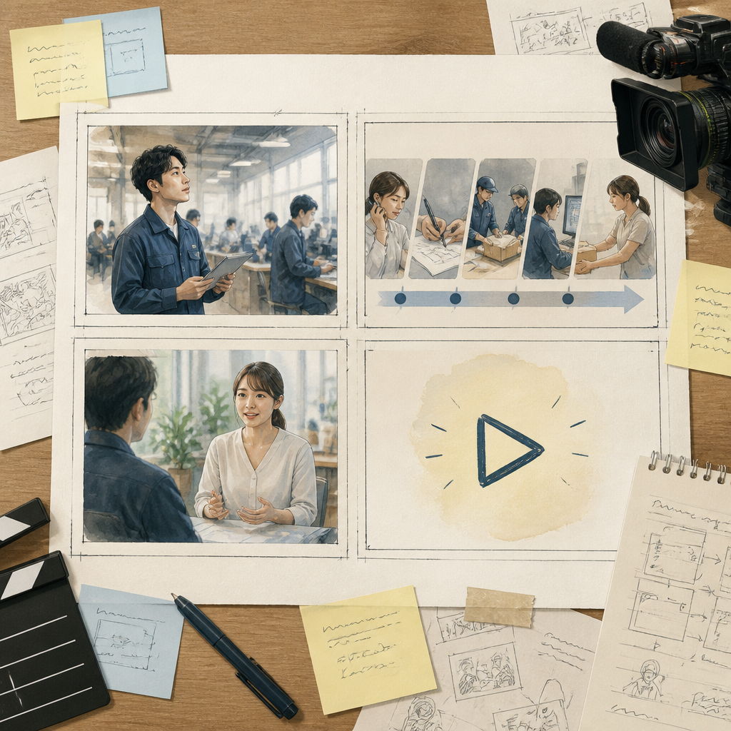 会社紹介動画の導入から次の行動までを絵コンテで整理したイメージ