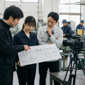 会社紹介動画の構成を現場で確認する様子