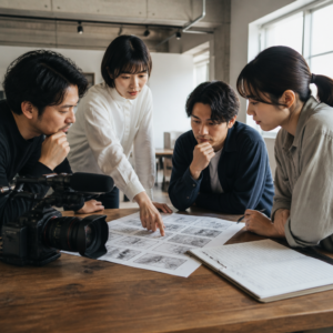 企業紹介動画の目的を整理しながら企画を検討するチーム