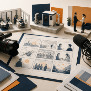 企業紹介動画の構成を考えるために、絵コンテと撮影機材を並べたイメージ