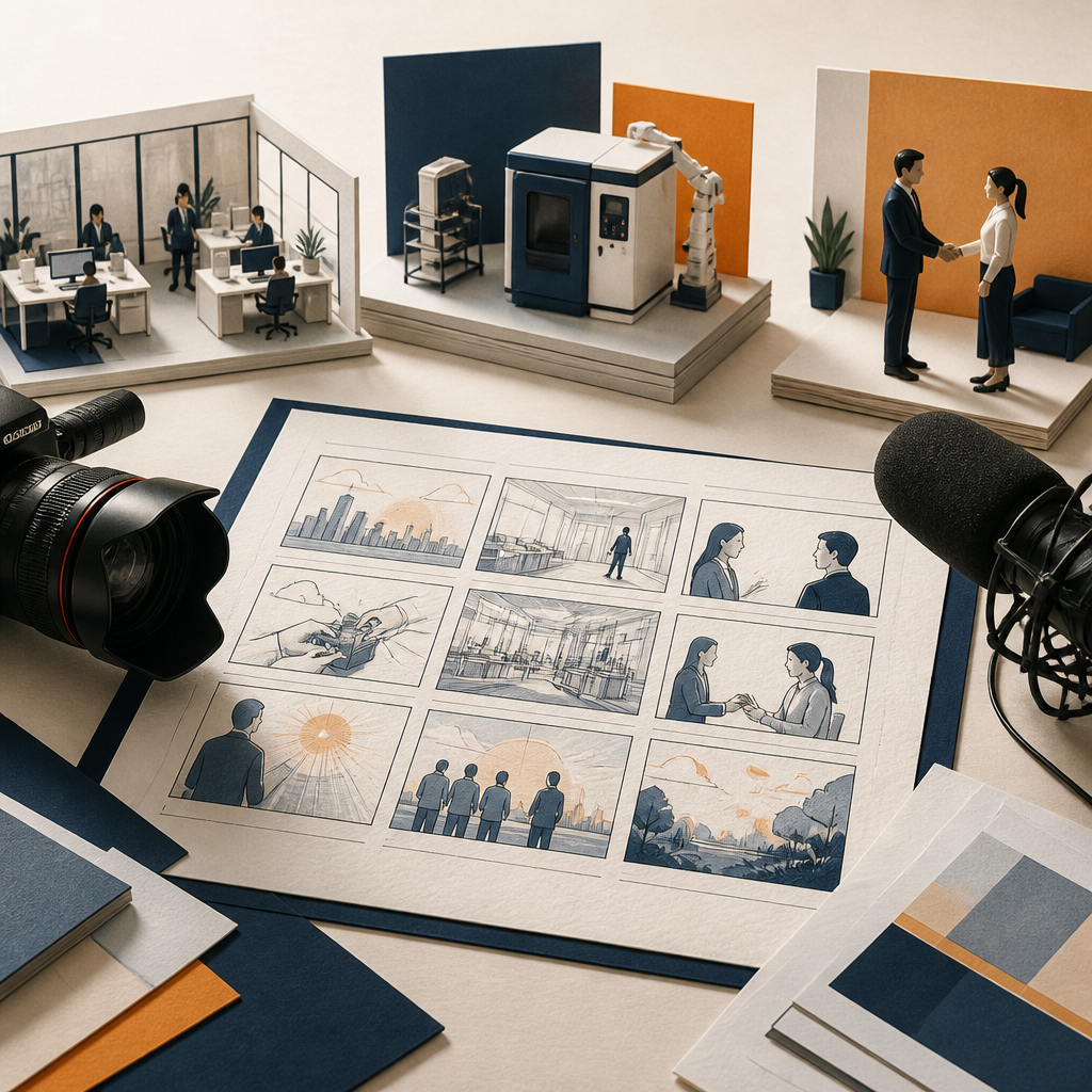 企業紹介動画の構成を考えるために、絵コンテと撮影機材を並べたイメージ