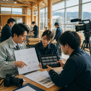 鳥取県の企業担当者と制作者が現場で企業紹介動画の構成を確認する様子